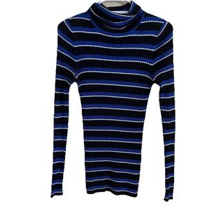 VTG 80s Ribbed Knit Turtleneck Sweater M/L Striped Blue Black ‎ Fitted Retro